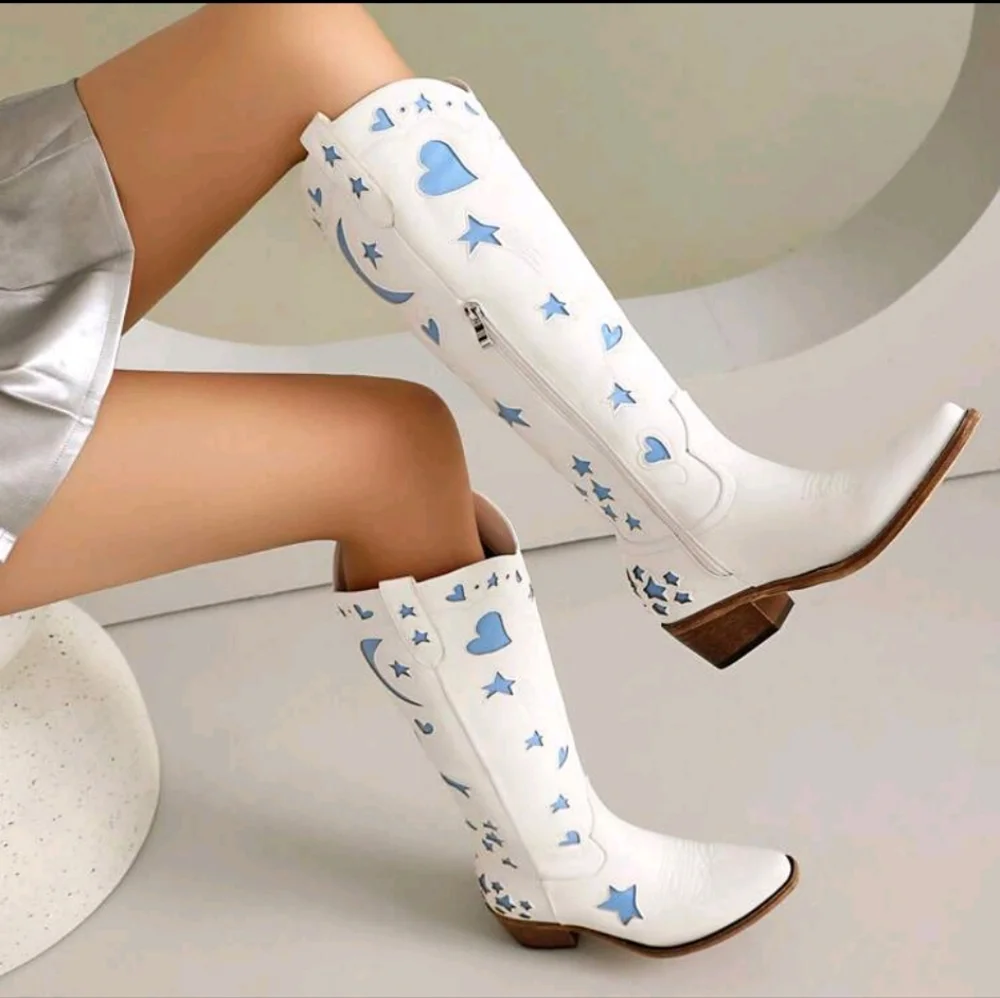 NEW KNEE-HI COWBOY BOOTS W/CLASSIC EMBROIDERED STARS MOON HEART LO-HEEL - Picture 5 of 6